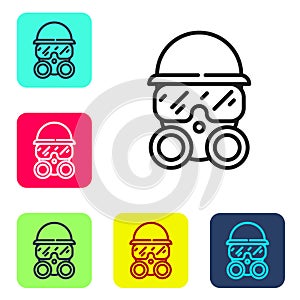 Black line Gas mask icon isolated on white background. Respirator sign. Set icons in color square buttons. Vector