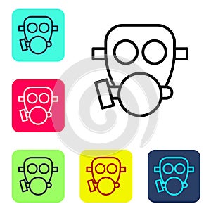 Black line Gas mask icon isolated on white background. Respirator sign. Set icons in color square buttons. Vector