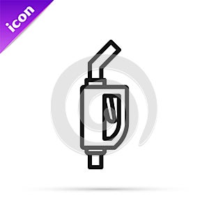 Black line Gasoline pump nozzle icon isolated on white background. Fuel pump petrol station. Refuel service sign. Gas