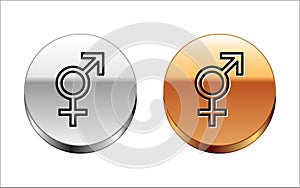 Black line Gender icon isolated on white background. Symbols of men and women. Sex symbol. Silver-gold circle button