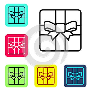 Black line Gift box icon isolated on white background. Valentines day. Set icons in color square buttons. Vector