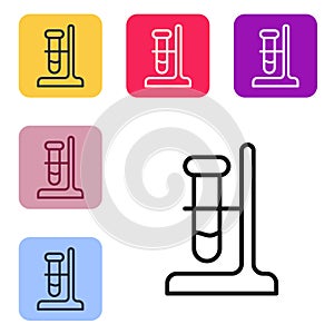 Black line Glass test tube flask on stand icon isolated on white background. Laboratory equipment. Set icons in color