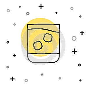 Black line Glass of whiskey and ice cubes icon isolated on white background. Random dynamic shapes. Vector Illustration