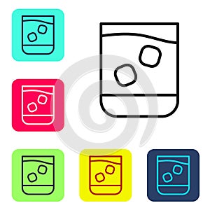 Black line Glass of whiskey and ice cubes icon isolated on white background. Set icons in color square buttons. Vector