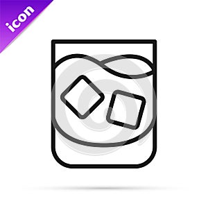 Black line Glass of whiskey and ice cubes icon isolated on white background. Vector