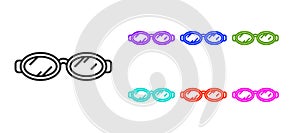Black line Glasses for swimming icon isolated on white background. Goggles sign. Diving underwater equipment. Set icons
