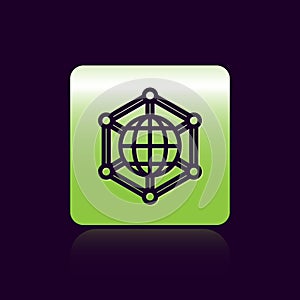 Black line Global technology or social network icon isolated on black background. Green square button. Vector