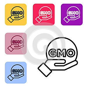 Black line GMO icon isolated on white background. Genetically modified organism acronym. Dna food modification. Set