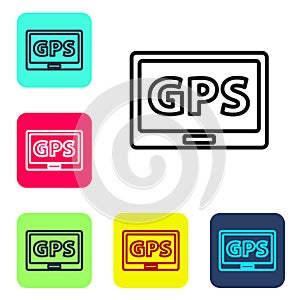 Black line Gps device with map icon isolated on white background. Set icons in color square buttons. Vector Illustration