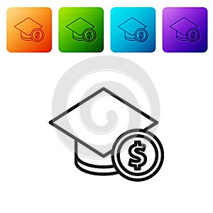 Black line Graduation cap and coin icon isolated on white background. Education and money. Concept of scholarship cost