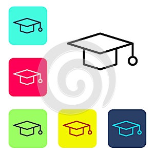 Black line Graduation cap icon isolated on white background. Graduation hat with tassel icon. Set icons in color square