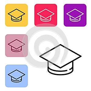 Black line Graduation cap icon isolated on white background. Graduation hat with tassel icon. Set icons in color square