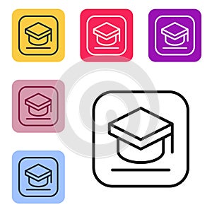 Black line Graduation cap icon isolated on white background. Graduation hat with tassel icon. Set icons in color square