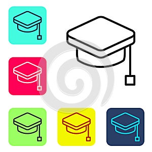 Black line Graduation cap icon isolated on white background. Graduation hat with tassel icon. Set icons in color square