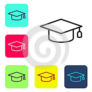 Black line Graduation cap icon isolated on white background. Graduation hat with tassel icon. Set icons in color square