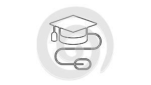 Black line Graduation cap with mouse icon isolated on white background. World education symbol. Online learning or e