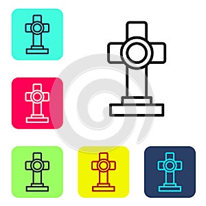 Black line Grave with cross icon isolated on white background. Set icons in color square buttons. Vector