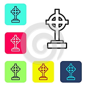 Black line Grave with cross icon isolated on white background. Set icons in color square buttons. Vector