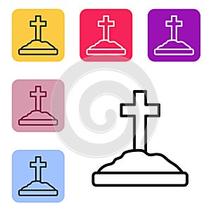 Black line Grave with cross icon isolated on white background. Set icons in color square buttons. Vector