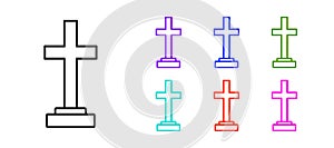 Black line Grave with cross icon isolated on white background. Set icons colorful. Vector