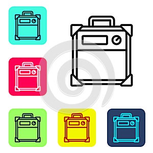 Black line Guitar amplifier icon isolated on white background. Musical instrument. Set icons in color square buttons