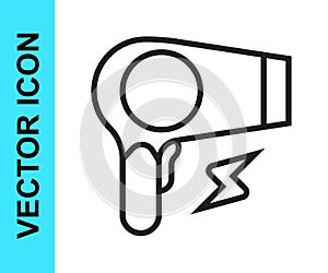Black line Hair dryer icon isolated on white background. Hairdryer sign. Hair drying symbol. Blowing hot air. Vector