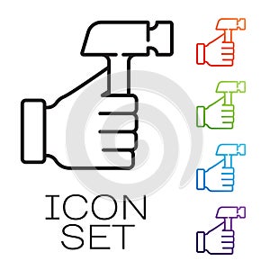 Black line Hammer icon isolated on white background. Tool for repair. Set icons colorful. Vector