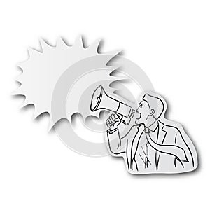 Black line hand drawn of businessman shouting on megaphone on cut paper with shadow isolated on white background