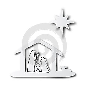 Black line hand drawn of Christmas Christian Nativity Scene of baby Jesus in manger with Mary and Joseph on cut paper with shadow