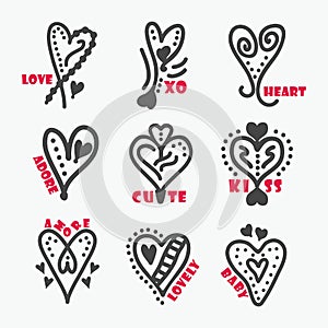 Black line hand drawn cute heart tattoo icons design elements set with red words on white