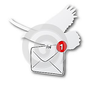 Black line hand drawn of email with notification on pigeon shape cut paper with shadow isolated on white background