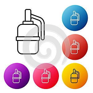 Black line Hand grenade icon isolated on white background. Bomb explosion. Set icons colorful circle buttons. Vector
