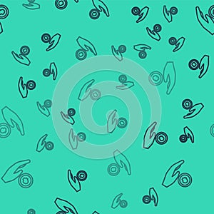 Black line Hand holding coin money icon isolated seamless pattern on green background. Dollar or USD symbol. Cash