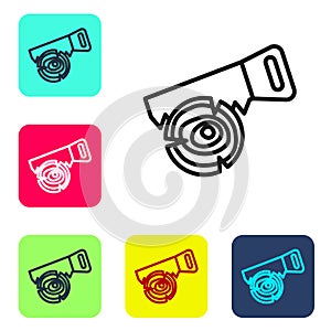 Black line Hand saw and log icon isolated on white background. Set icons in color square buttons. Vector