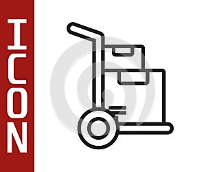 Black line Hand truck and boxes icon isolated on white background. Dolly symbol. Vector Illustration