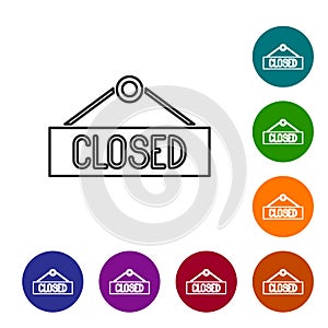 Black line Hanging sign with text Closed icon isolated on white background. Business theme for cafe or restaurant. Set