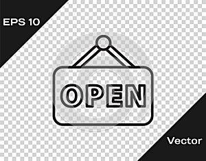 Black line Hanging sign with text Open door icon isolated on transparent background. Vector Illustration