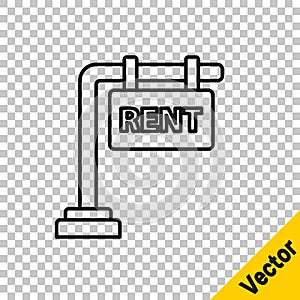 Black line Hanging sign with text Rent icon isolated on transparent background. Signboard with text For Rent. Vector