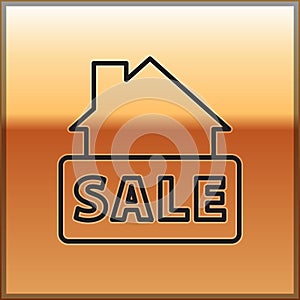 Black line Hanging sign with text Sale icon isolated on gold background. Signboard with text Sale. Vector