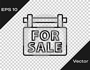 Black line Hanging sign with text For Sale icon isolated on transparent background. Signboard with text For Sale. Vector