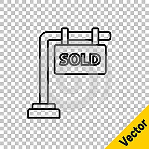Black line Hanging sign with text Sold icon isolated on transparent background. Sold sticker. Sold signboard. Vector