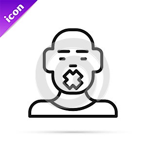 Black line Head of deaf and dumb guy icon isolated on white background. Dumbness sign. Disability concept. Vector photo