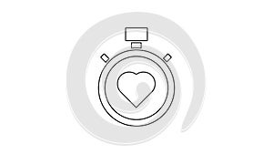 Black line Heart in the center stopwatch icon isolated on white background. Valentines day. 4K Video motion graphic