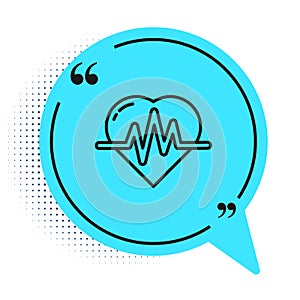 Black line Heart rate icon isolated on white background. Heartbeat sign. Heart pulse icon. Cardiogram icon. Blue speech