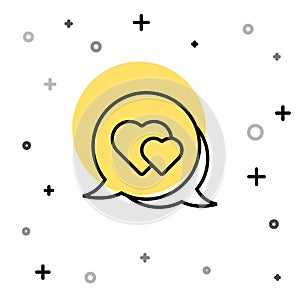 Black line Heart in speech bubble icon isolated on white background. Happy Valentines day. Random dynamic shapes. Vector