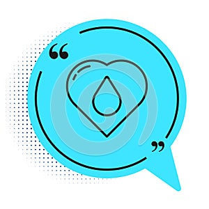 Black line Heart with water drop icon isolated on white background. Blue speech bubble symbol. Vector Illustration