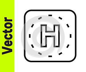 Black line Helicopter landing pad icon isolated on white background. Helipad, area, platform, H letter. Vector