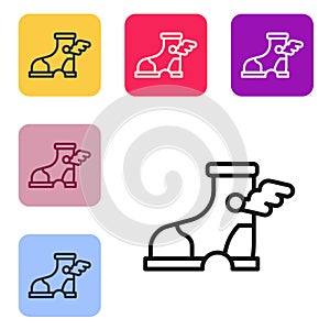 Black line Hermes sandal icon isolated on white background. Ancient greek god Hermes. Running shoe with wings. Set icons