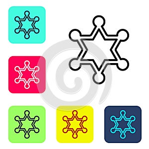 Black line Hexagram sheriff icon isolated on white background. Police badge icon. Set icons in color square buttons
