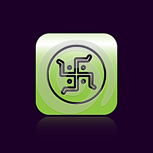 Black line Hindu swastika religious symbol icon isolated on black background. Green square button. Vector